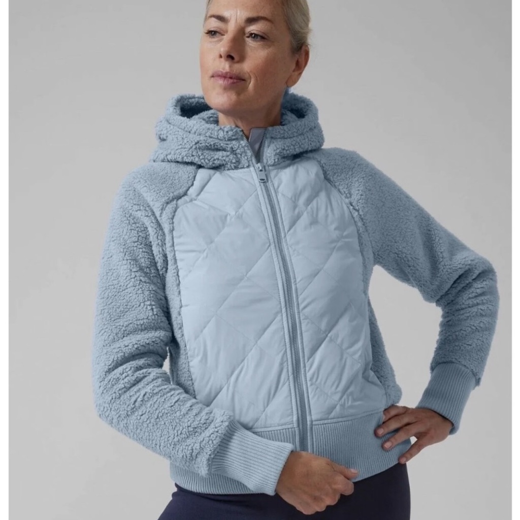 Athleta Apres Tugga Down Full Zip Hooded Sherpa Jacket In Blue Star